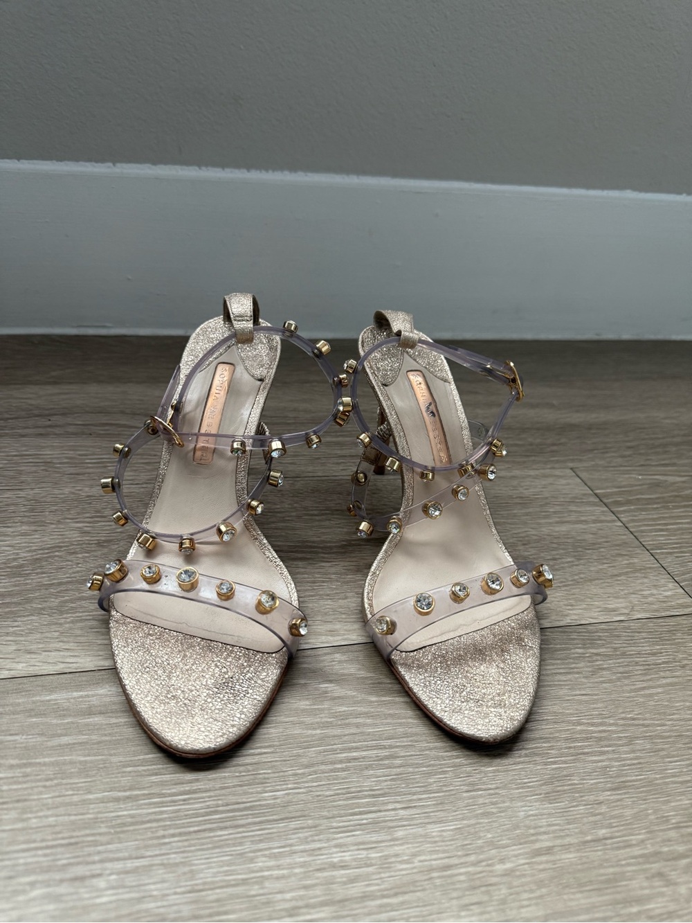 Embellished Clear Strap Sandals in Gold - Women's